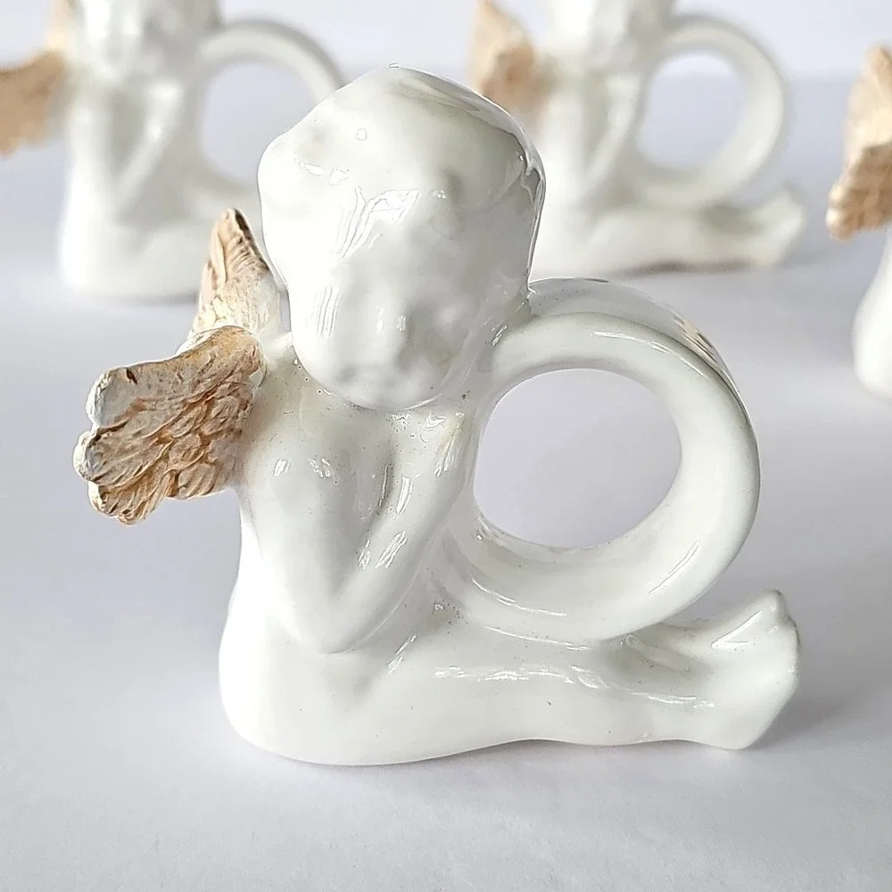 Vintage Ceramic Cherub Angel Napkin Rings Gold Wing Set 4 Angelcore Cottagecore